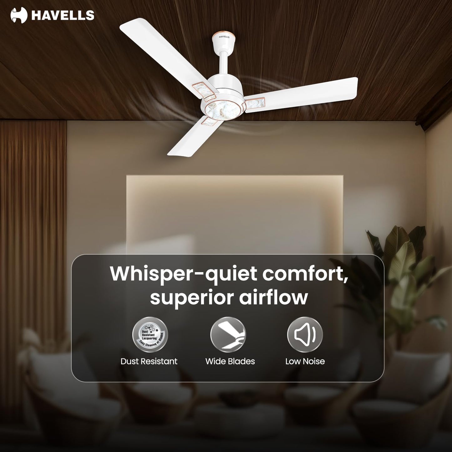 Havells Eva 1200mm Ceiling Fan for Home & Office with Aerodynamically Designed Blades, Energy Efficient & Power Saving for Superior Airflow | 2 Years Manufacturer Warranty | Pearl White Marble