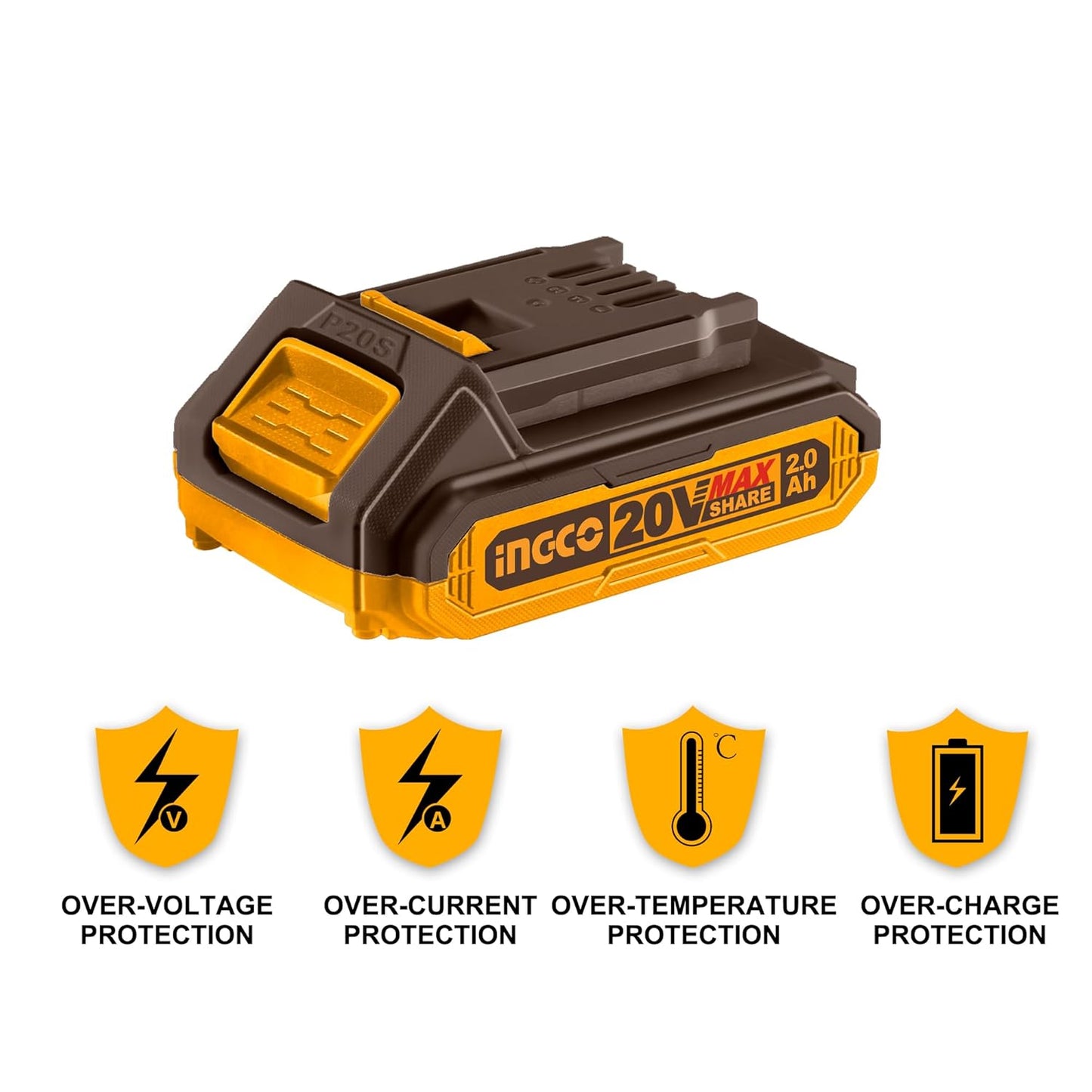 Ingco 20V Battery Pack, 2.0Ah Lithium-Ion Battery, Compatible With 20V Power Tools, LED Battery Power Indicator, Charger Not Included,Multicolour