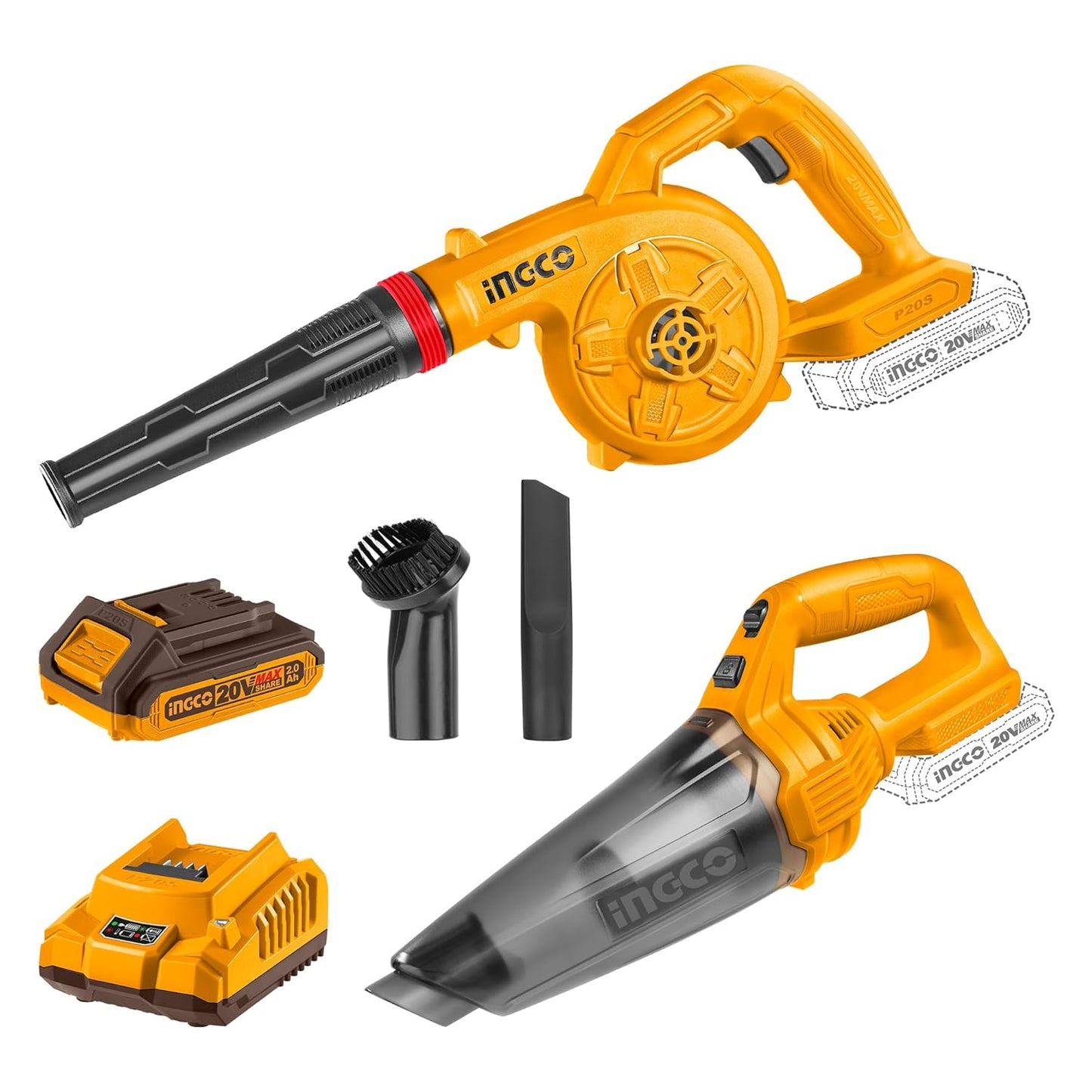 INGCO 20V Cordless Vacuum Cleaner and Blower Combo, 0.5L Dust Cup, 9kPa Suction, 18000RPM Blower, 2.7m³/min Airflow, Includes 2.0Ah Battery & Charger, Crevice Nozzle & Dust Brush for Home Car Cleaning
