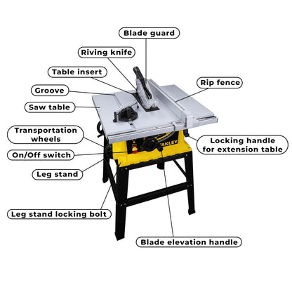 STANLEY SST1801-IN 1800W 254mm Table Saw With Frame, For Heavy-Duty Applications & Cutting Plywood, 150-hours Runtime, Compatible with 10” Cutting Blades, 1 Year Warranty, Yellow and Black