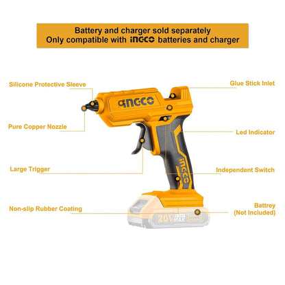 INGCO 20V Cordless Glue Gun, Battery & Charger not Included, 15-18g/min | 11.2mm Glue stick diameter | 60s Heat-up time Mini Hot Glue Gun With 3 pcs Glue Sticks for Crafts DIY Arts Home Quick Repairs