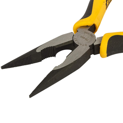 STANLEY 70-483 6'' Sturdy Steel Long Nose Plier Double Color Sleeve, Ergonomically Designed Dynagrip Handle with Finger Guards, Fully Heat Treated Forged Carbon Steel Jaws, Used to Cut Small Wires