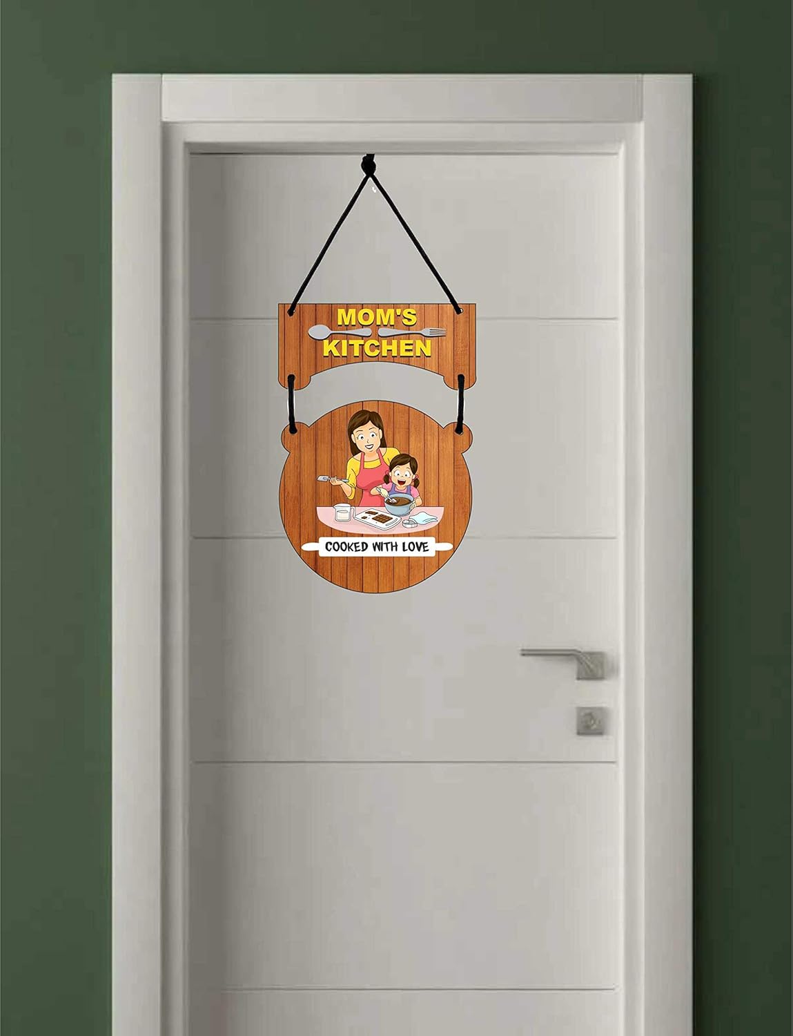 Udaipur Handicrafts Mom's Kitchen Printed Home Wall Door Sign Hanging Board Wooden (8.5inch x 11inch)