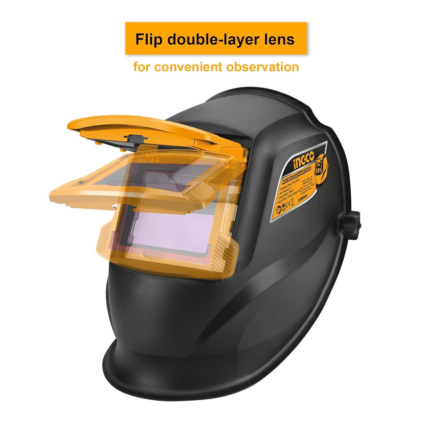 INGCO Auto Darkening Welding Helmet, Solar Powered Welding Mask, 90×35mm | 2 Arc Sensor | 1/5000s Switching time | DIN 16 UV/IR Protection Welding Hood for Welding, Grinding, Cutting and so on