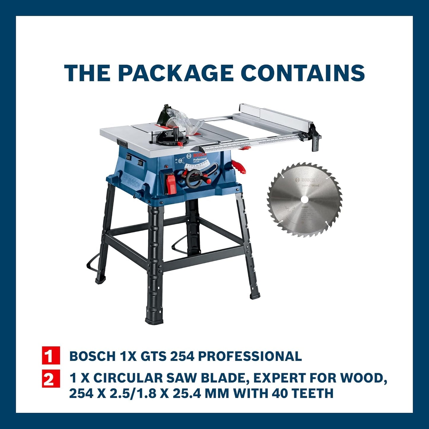 Bosch GTS 254 Corded Electric Table Saw, 1,800W, 254 mm Saw Blade Dia, 4,300 rpm, Metal Stand, Meter Gauge, Dust Extraction, 24.4 Kg + 1 Expert for Wood Circular Saw Blade, 1 Year Warranty