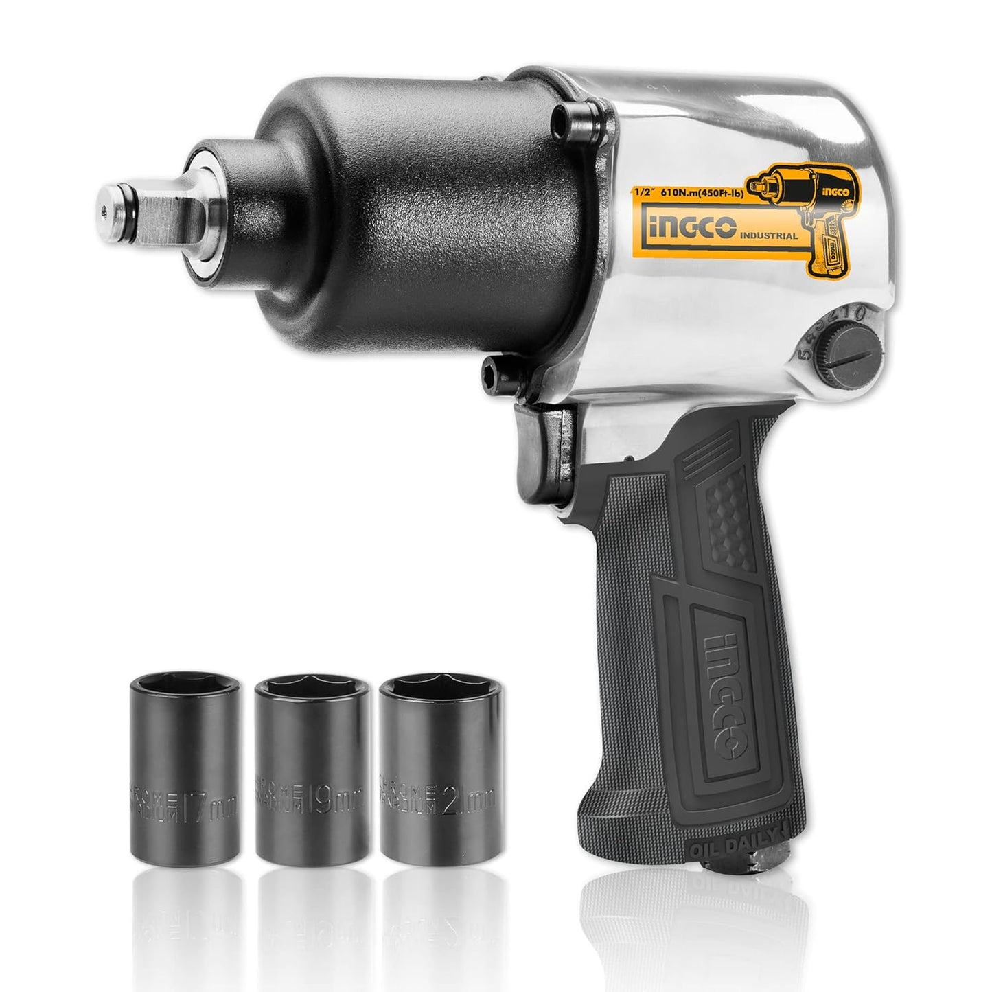 Ingco Air Impact Wrench, 7000 Rpm | 610Nm | 2 Hammer Mechanism, Pneumatic Impact Wrench Tool Kit With 3 Pcs Socket, 5 Type Connector - Box End