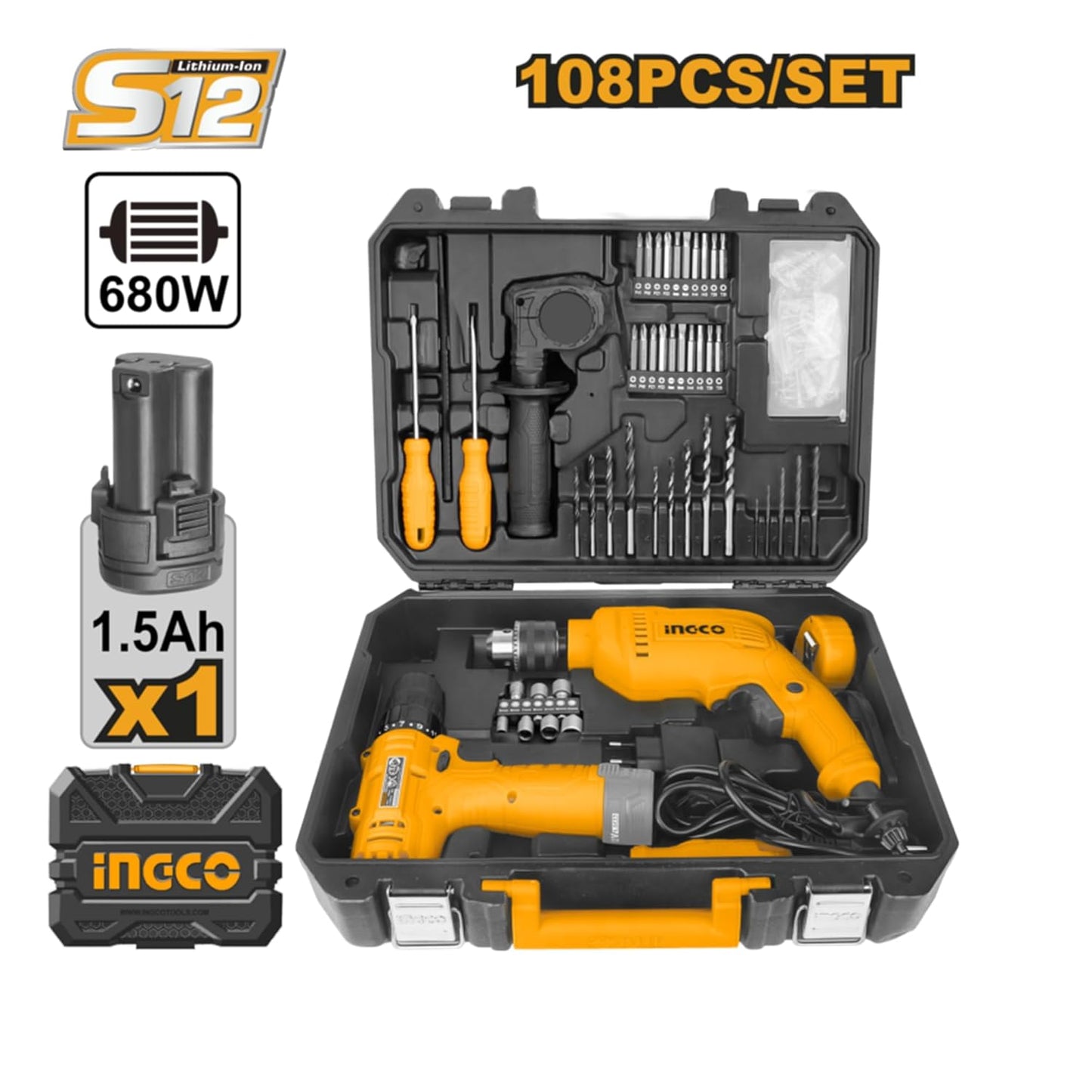 INGCO 108 PCS Professional Tool Kit with Impact Drills Combo, 680W, Copper Armature, Cordless Drill Machine, Chuck 13mm, Home Use Essential Tools/Accessories, With Battery