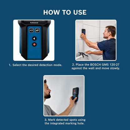 BOSCH GMS 120-27 Professional Wall Scanner Detector-Finds Metals, Live Wires, Wooden Studs in Drywalls, IP54 Dust & Splash Protection, 120 mm Range, Includes Pouch & Batteries, 1Yr Warranty from BOSCH