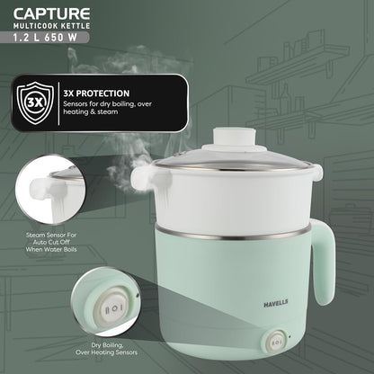 Havells Capture 1.2 L Multi-Cook Electric Kettle with Steamer | 650W |304 Stainless Steel Inner Body|Cooks Noodles, Rice, Milk | Cool-Touch Body | 2 Years Door Step Warranty by Havells (Green)