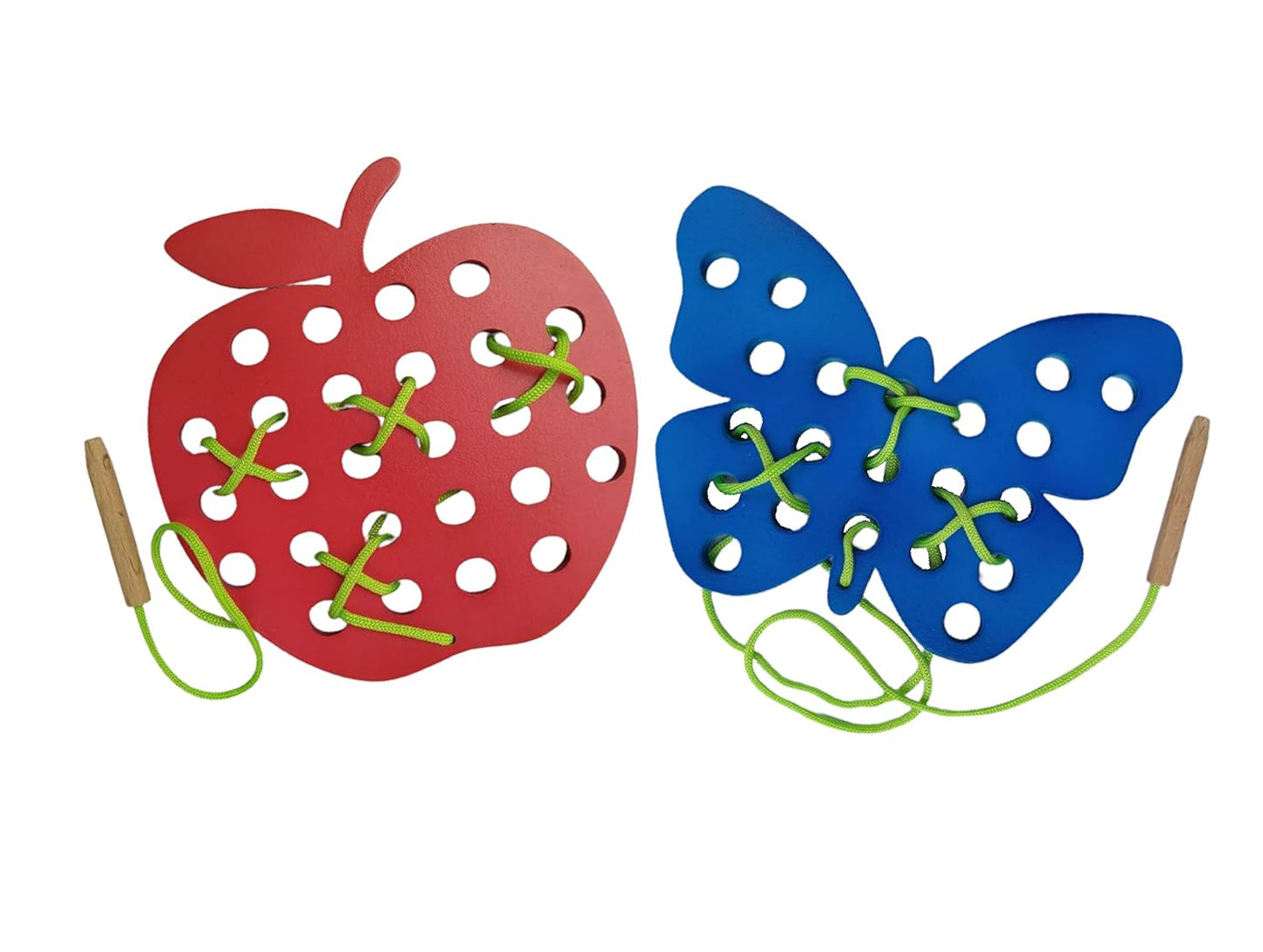 UdrCrafts® Wooden Lacing Toy - Set of 2 | Apple & Butterfly Shape - with Lacing Thread and Wooden Tips | 12x16 cm Each | Multicolor Non-Toxic Painted | Cognitive & Fine Motor Development | Age 3 Years+