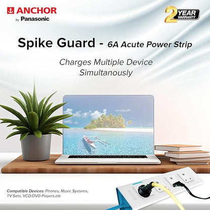 anchor by panasonic 22061 6A Power Strip 4 Socket Spike Guard with Single Switch (1.5 m, White and Blue)