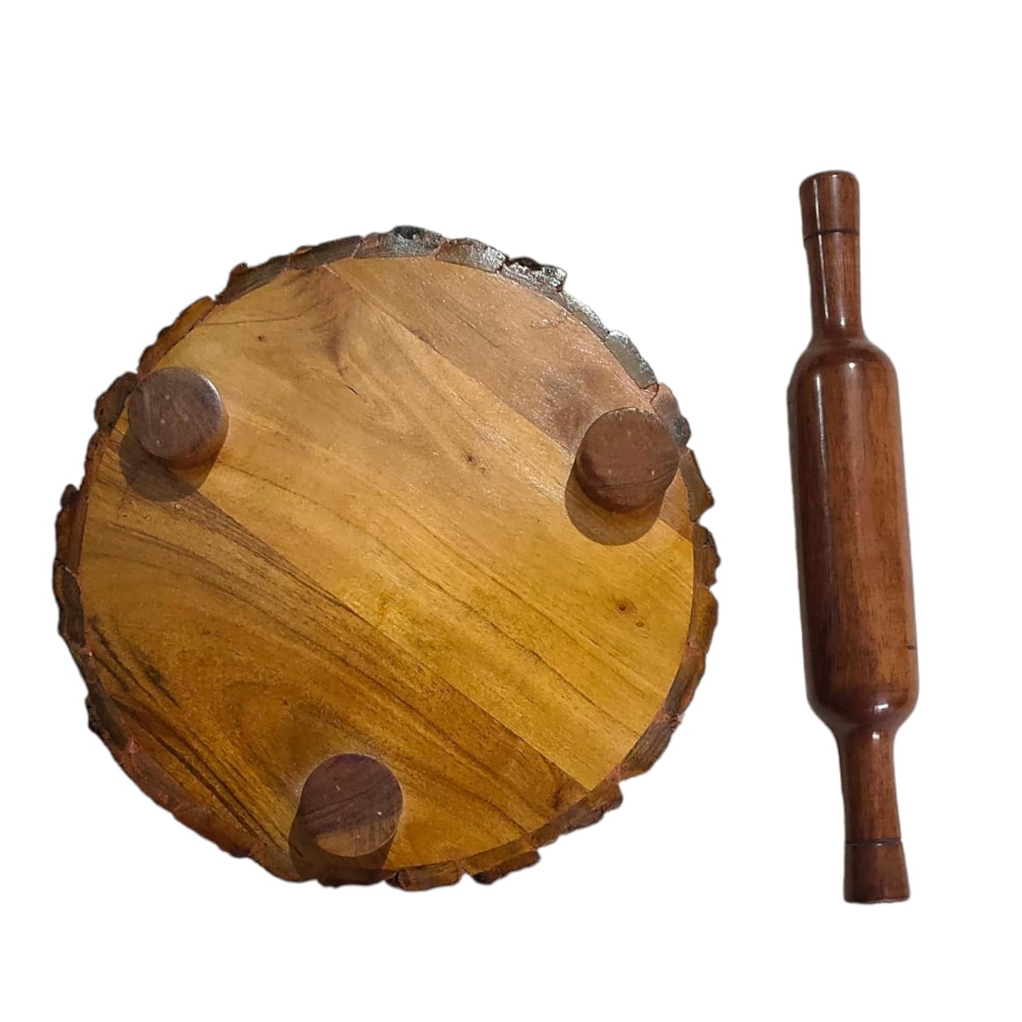 Udaipur Handicrafts Sheesham Wood Chakla Belan Set | Rustic Roti Rolling Board with Natural Bark Edge & Solid Rolling Pin | Made in India | No Chemical Polish 10.5 Inch (Brown)