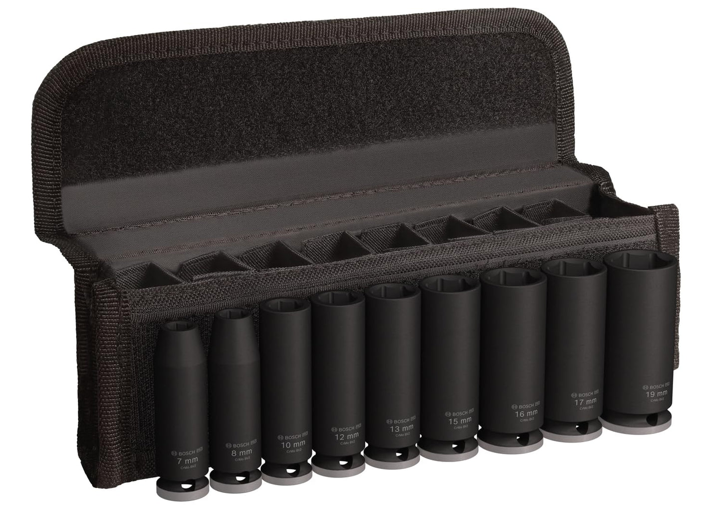 BOSCH Impact Socket Set 9-Piece | High-Torque CRMO Steel for Extreme Durability | Black Phosphate Coating for Corrosion Resistance | Secure Pin & Ring Design | Laser-Etched Sizes