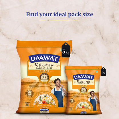 Daawat Rozana Super Basmati Rice 5Kg| For Everyday Consumption| Cooked Grain Upto 13mm*| Naturally Aged