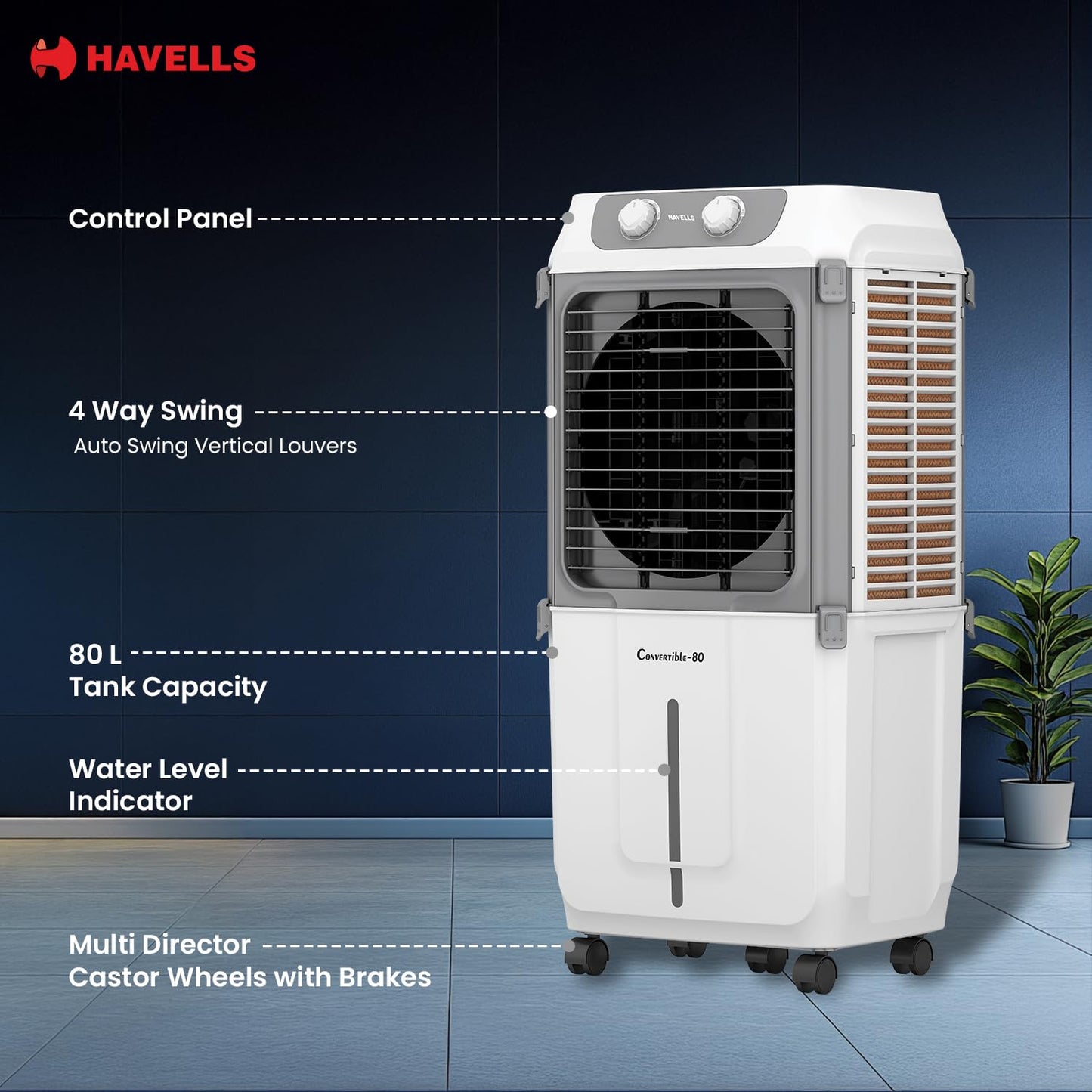 Havells 2-in-1 Convertible 80 L Desert Air Cooler for room| Dual functionality & easy storing| Can be used as side table| 5 Leaf Metal Blade Fan| Powerful Air-Delivery| Bacteria shield honeycomb pads