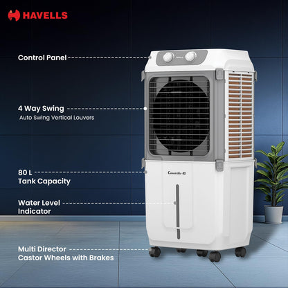 Havells 2-in-1 Convertible 80 L Desert Air Cooler for room| Dual functionality & easy storing| Can be used as side table| 5 Leaf Metal Blade Fan| Powerful Air-Delivery| Bacteria shield honeycomb pads