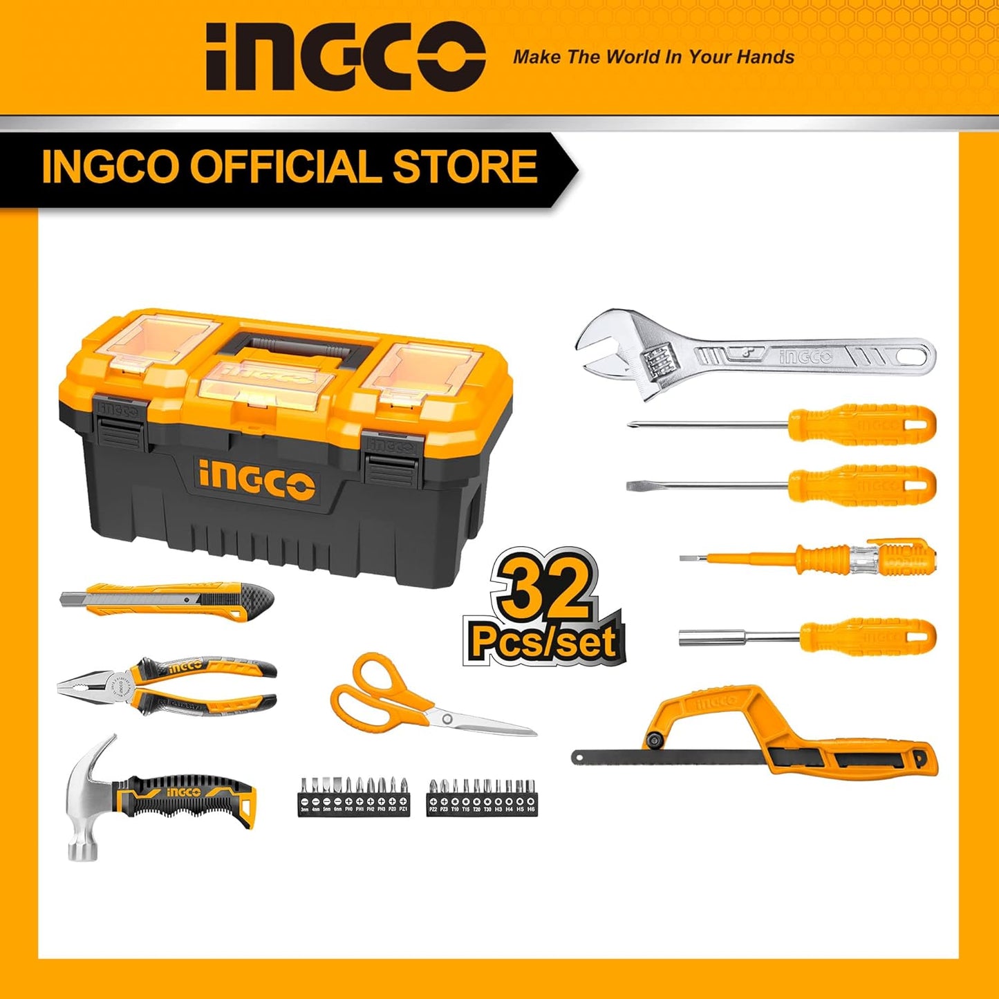 INGCO 32 Pcs Hand Tools Set, General Household Tool Set, Hand Tool Kit with Portable Plastic Box for DIY Home Dormitory Office Garage Car Decoration Repair Maintance