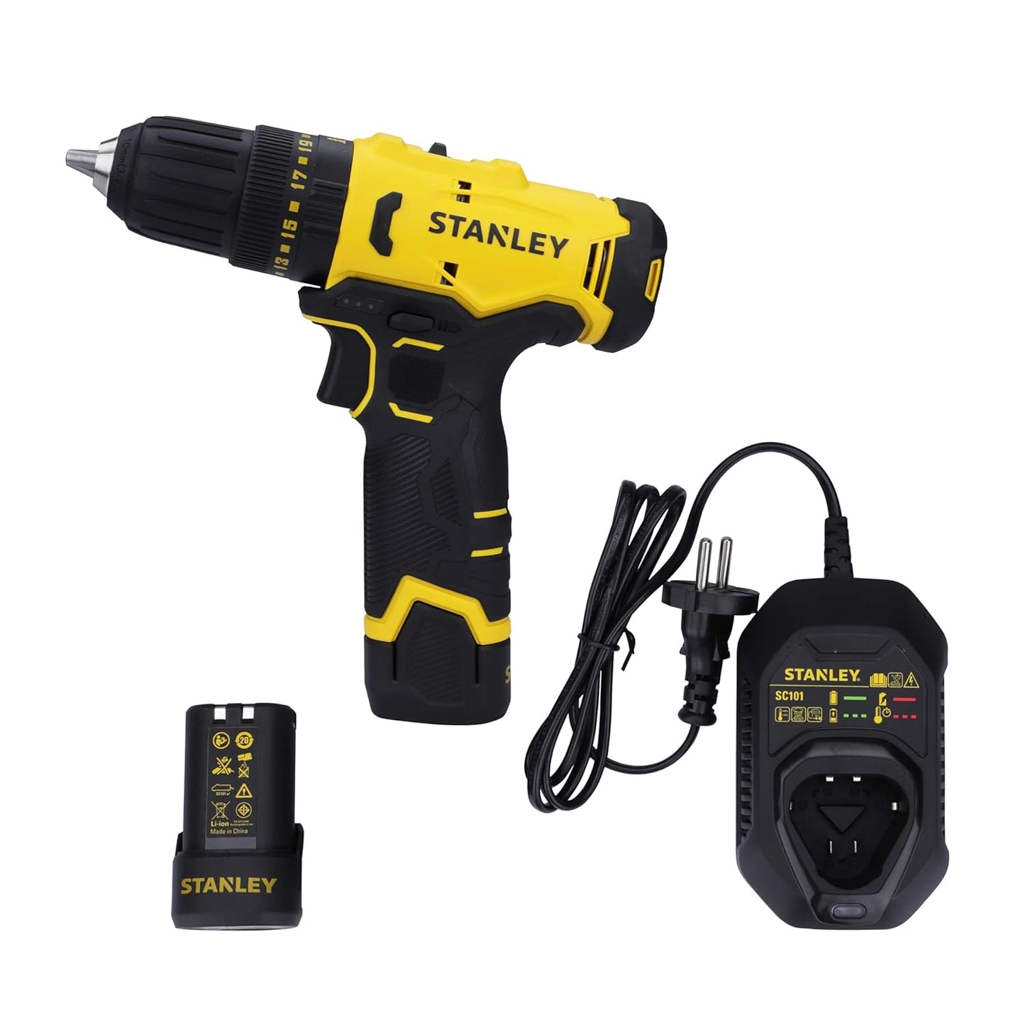 STANLEY SCH10D2K-IN(12 V)Brushed Cordless Hammer Drill Driver,2x2Ah Batteries&1.5A Charger,LED Light,Variable Speed Trigger Switch,Forward/Reverse Button,10mm Chuck,Clutch Setting 20+1,1 Year Warranty