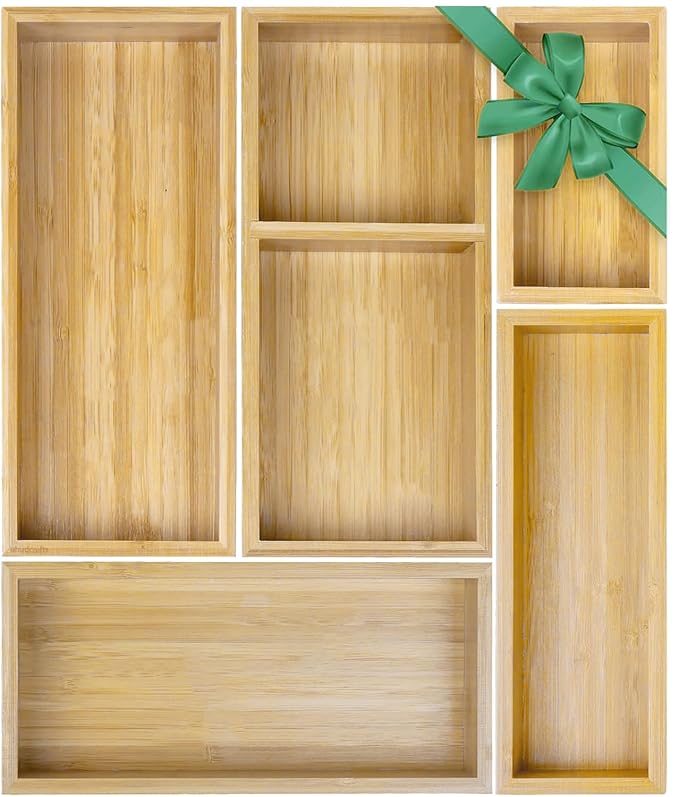 Udaipur Handicrafts Solid Wood Drawer Organizer Set, 5 PCS Multi-Use Wooden Storage Organizers, Drawer Divider and Storage Trays for Kitchen, Makeup, Jewelry, Utensils