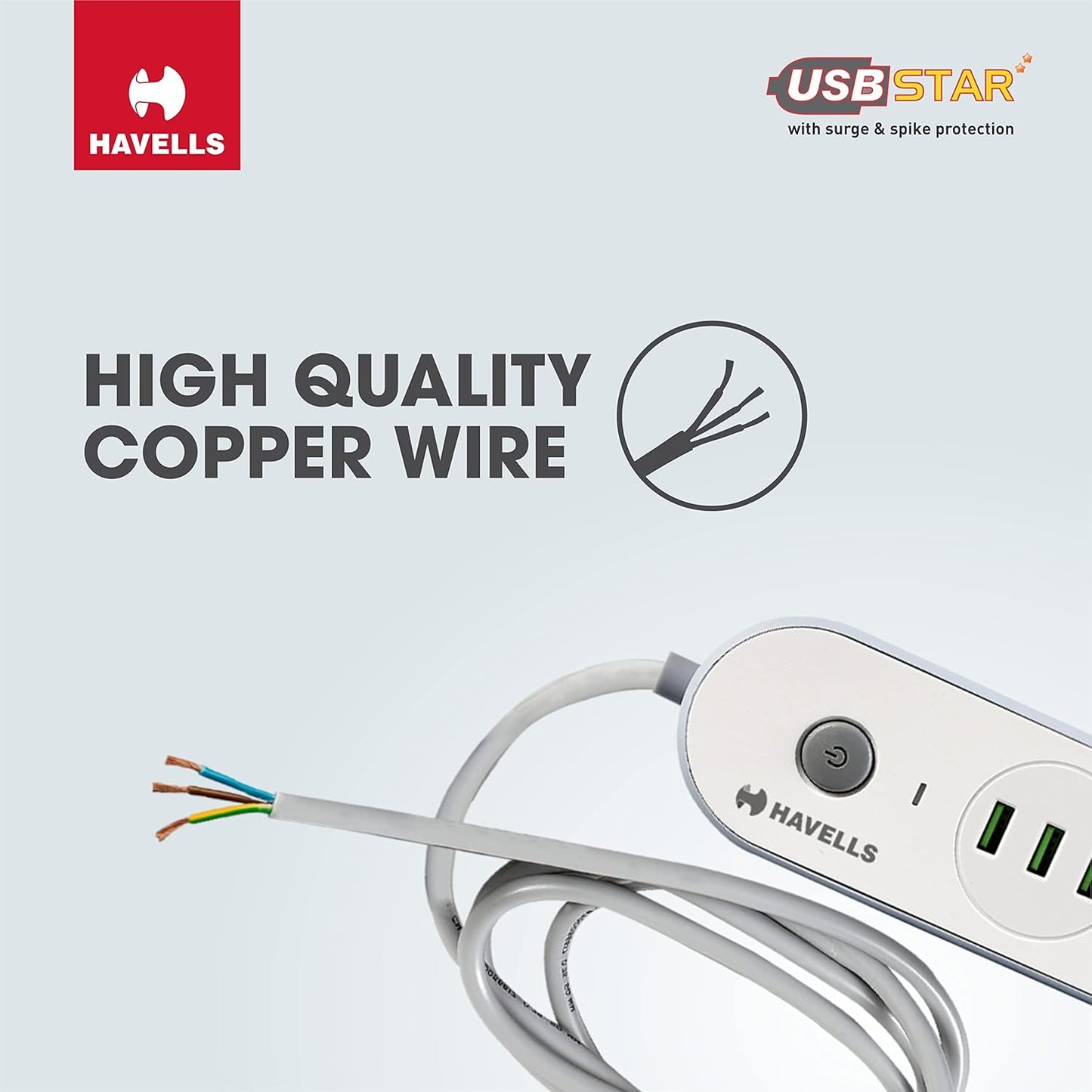 Havells USB Star - 3+1 Extension Board| 1.5Mtr Copper ISI Certified Wire | Surge and Spike Protection | 3 Universal Sockets and 3 USB Ports, 3.1 Amp| 6A, 240 V AC | LED Indicator | Home & Office Use