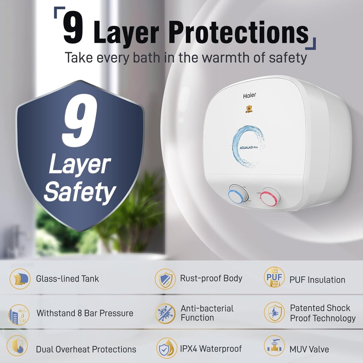 Haier Aqualad Pro Geyser 25 Litre 5 Star 1-3KW Adjustable Storage Water Geyser |Free Installation&Flexi Pipe| Warranty 10 Yr on Tank |Dual Control Knob |Shockproof Tech |Glassline Tank |9-Level Safety