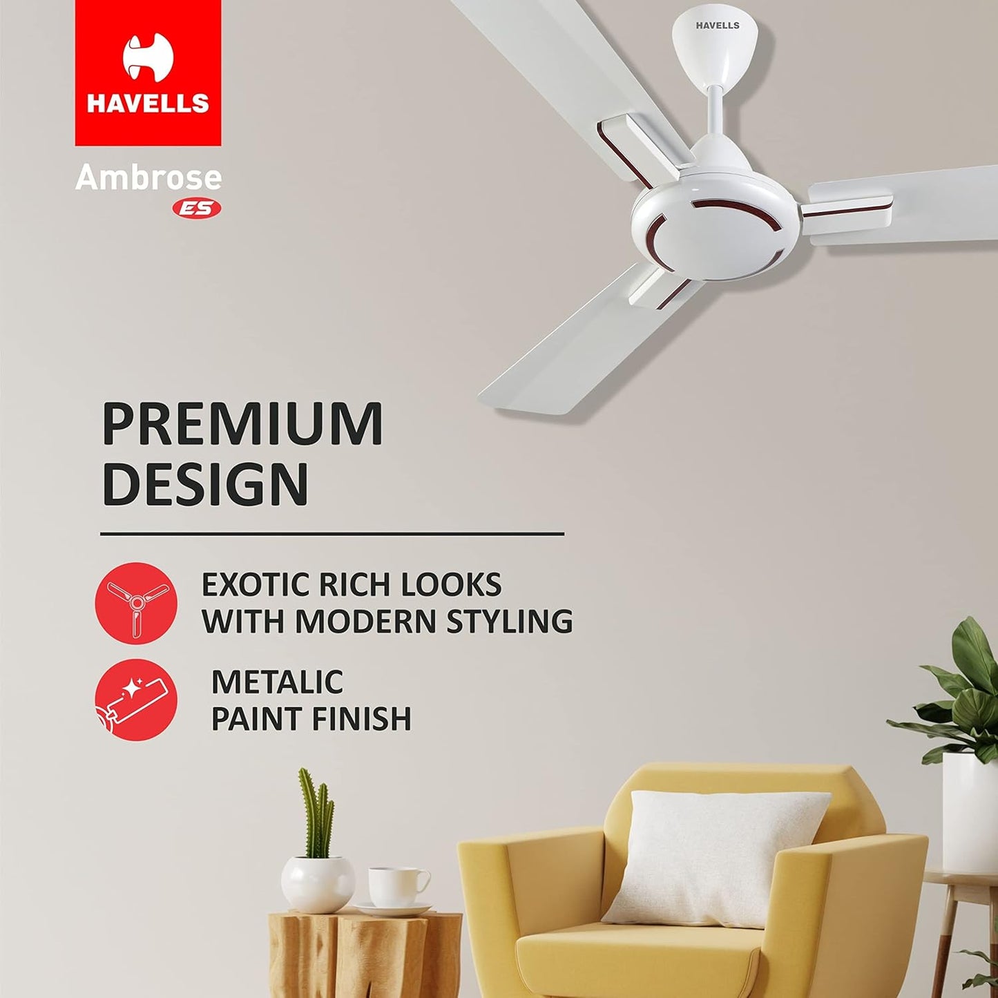Havells 1200mm Ambrose Energy Saving High Speed Ceiling Fan|Premium Finish, Deco.Fan, Elegant Looks, High Air Delivery, 100% Pure Copper Motor|2 Yr Warranty by Brand | (Pack of 1, Pearl White Wood)