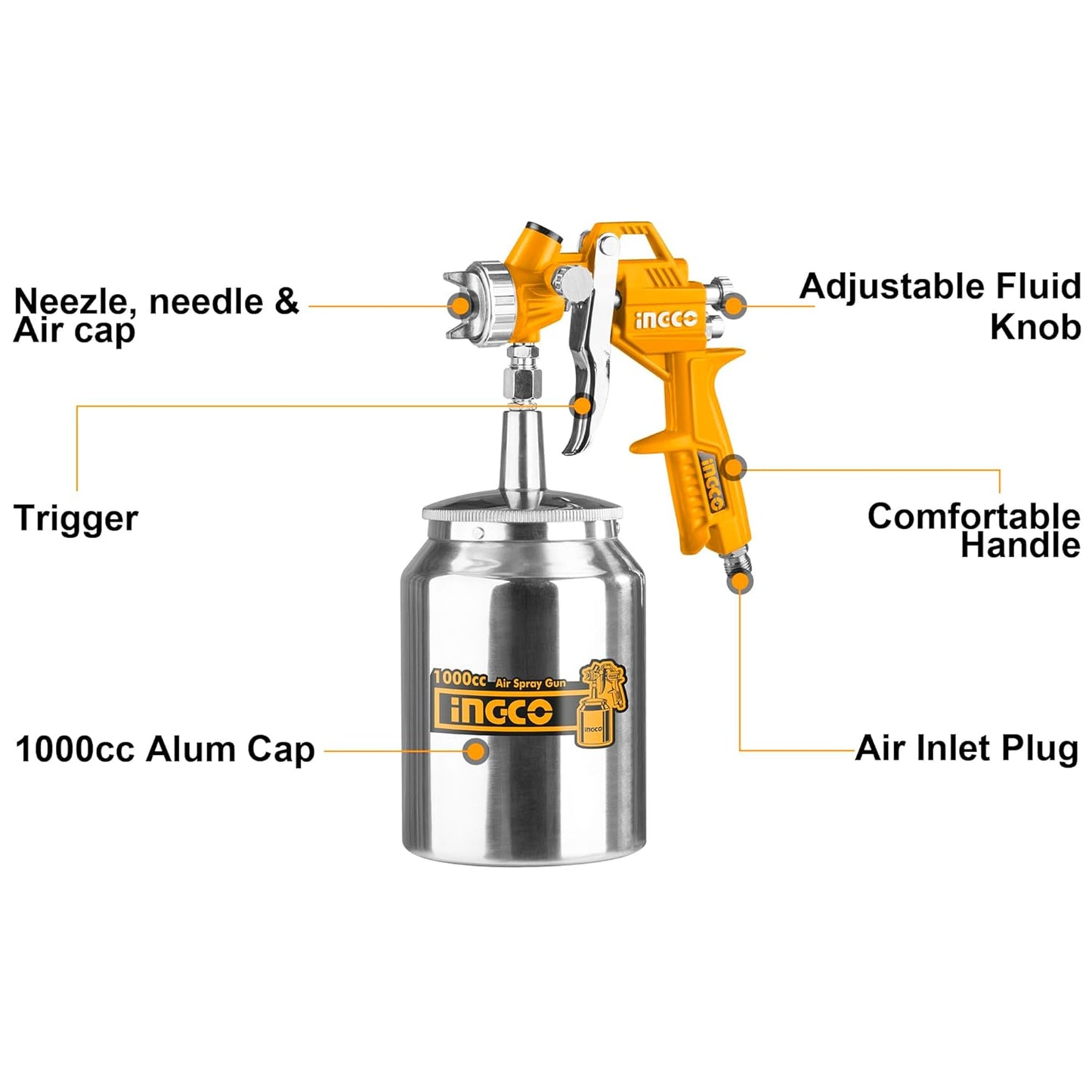 INGCO Air Spray Gun, 1000ml Capacity, 3-4 Bar Operating Pressure, 1.5mm Nozzles Stainless Steel, 200 l/min,Pneumatic Tool Suitable for Base Coat Spray Gun for Auto Paint