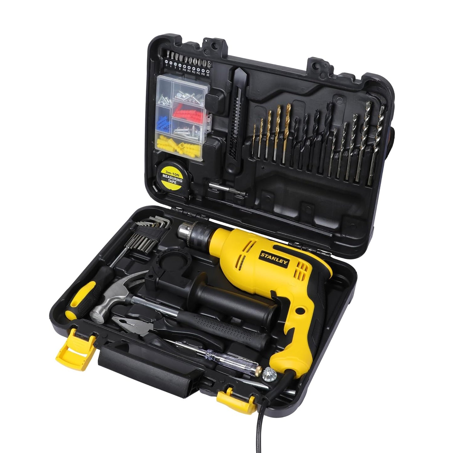 STANLEY SDH550KPA-IN 550W 13mm CORDED HAMMER DRILL MACHINE & HAND TOOL KIT for Home, DIY & Professional Use (120-PIECES) - INCLUDES Hammer Drill,Plier,Hammer,Measuring Tape & Drill Bits,1YearWarranty