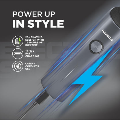 Havells RS7020 3 Head Rotary Shaver with Built in pop-up Trimmer for Wet & Dry Shave; IPX7 Waterproof; Protection from cuts (Grey)