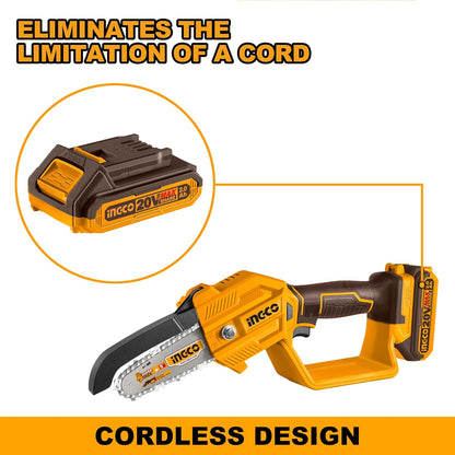 INGCO 20V Cordless Pruner Saw, Electric Mini Chain Saws, 5 m/s, With 1Pcs 2.0Ah Battery And Charger, With Saw Chain & 13mm Saw Bar