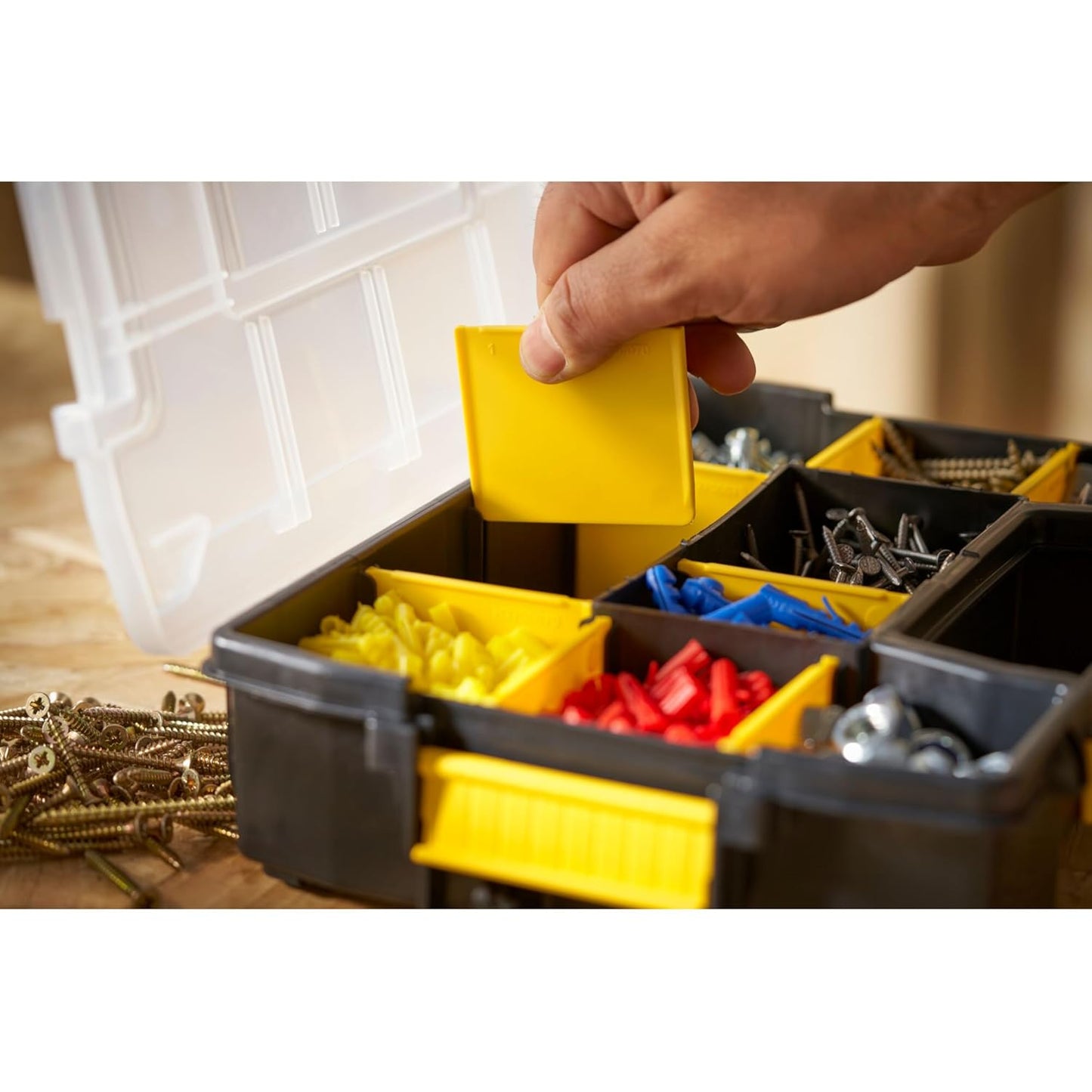 STANLEY STST1-70720 Professional Heavy Duty 10 Compartment Sort Master Light Organizer, 2.5 Kg Weight Capacity, Customizable 8 Removable Dividers, Polypropylene Textured Lid, 11.6x29.3x22.4 cm