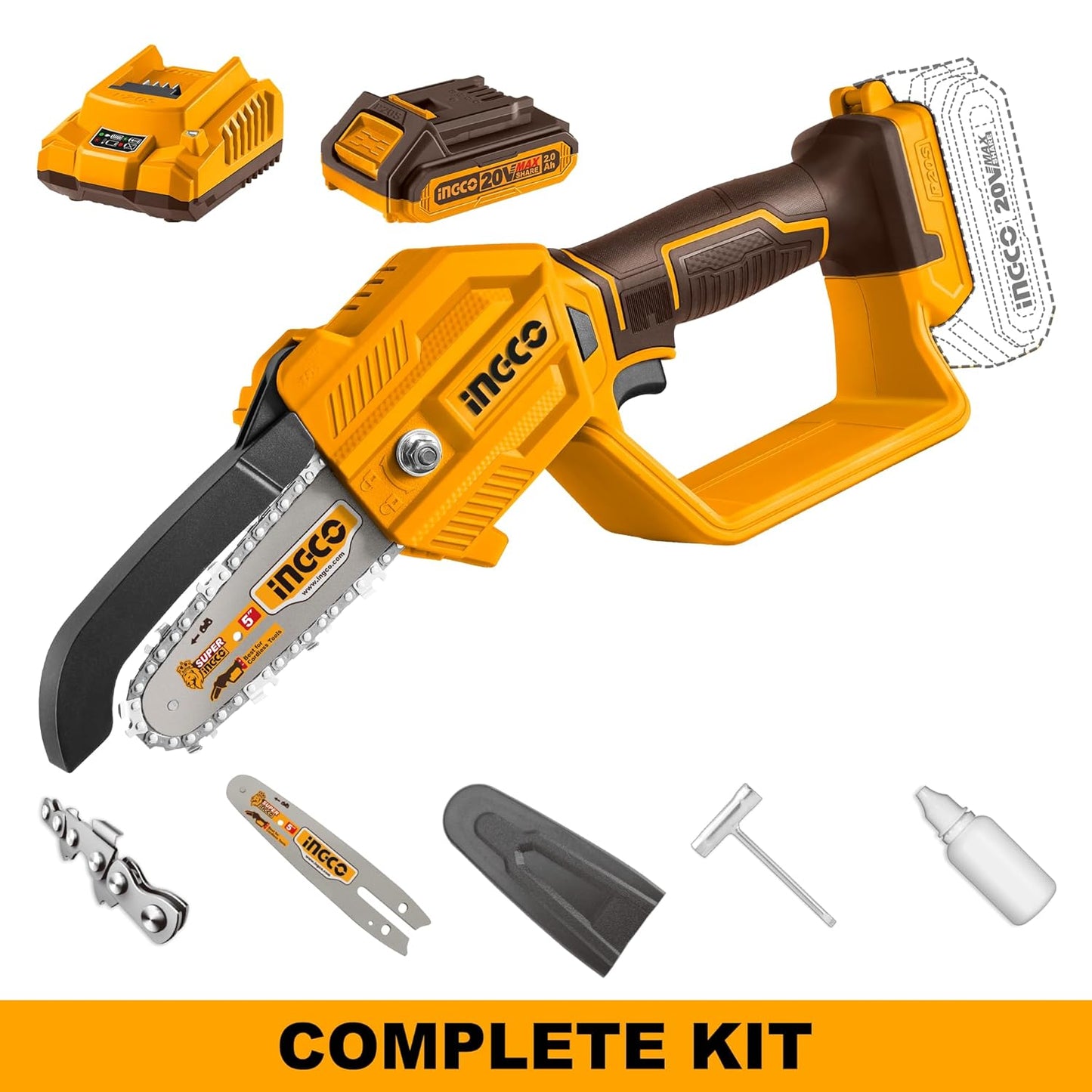 INGCO 20V Cordless Pruner Saw, Electric Mini Chain Saws, 5 m/s, With 1Pcs 2.0Ah Battery And Charger, With Saw Chain & 13mm Saw Bar