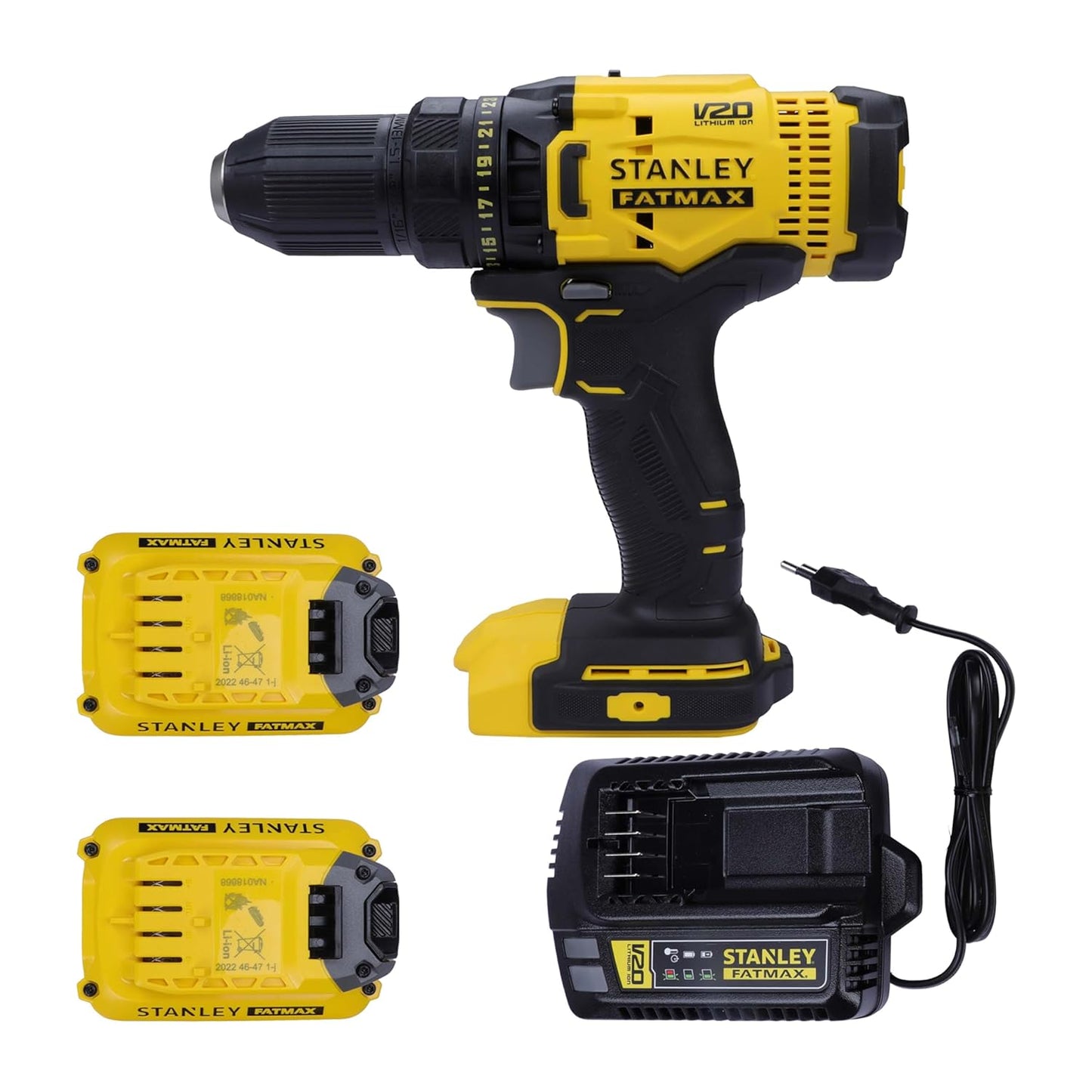 STANLEY FATMAX SCD700D2K 20V 13 mm Reversible Cordless Brushed Drill Machine Driver With 2x2.0Ah Li-ion Batteries, 1pc Charger, 2 Speed Gearbox & LED Worklight, 2 Year Warranty, YELLOW & BLACK
