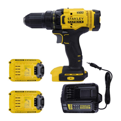 STANLEY FATMAX SCD700D2K 20V 13 mm Reversible Cordless Brushed Drill Machine Driver With 2x2.0Ah Li-ion Batteries, 1pc Charger, 2 Speed Gearbox & LED Worklight, 2 Year Warranty, YELLOW & BLACK