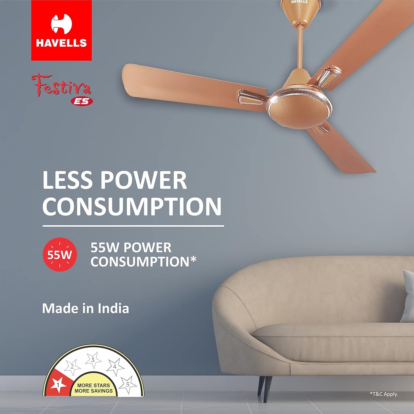 Havells 1200mm Festiva ES Ceiling Fan| Premium Finish|Energy Saving| Designer Fan for Home Decor|Elegant Looks| 230 m³/min Air Delivery| Hi-Speed Low Noise| 100% Copper Motor (Pack of 1, Pearl Copper)