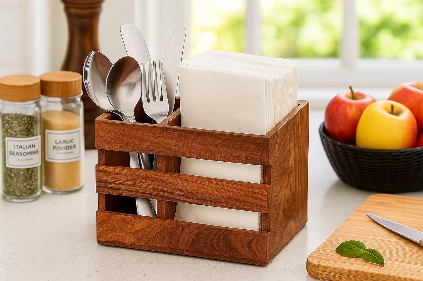 Udaipur Handicrafts – Multipurpose Spoon Stand and Kitchen Organizer, Brown (2 Compartments, 6.5 x 3 x 4.5 Inches)