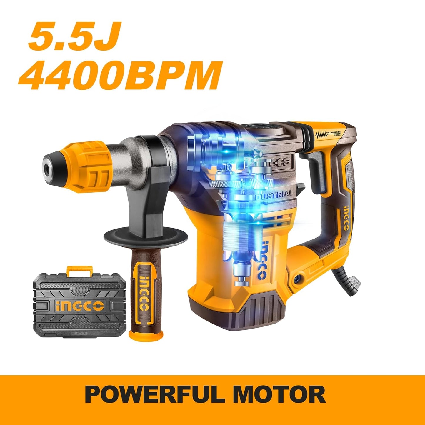 Ingco Hammer Drill Machine, 1500W Rotary Hammer Drill Machine Heavy Duty Grip Handle Concrete Metal And Woodworking For Home & Industrial Use, Yellow,Brown