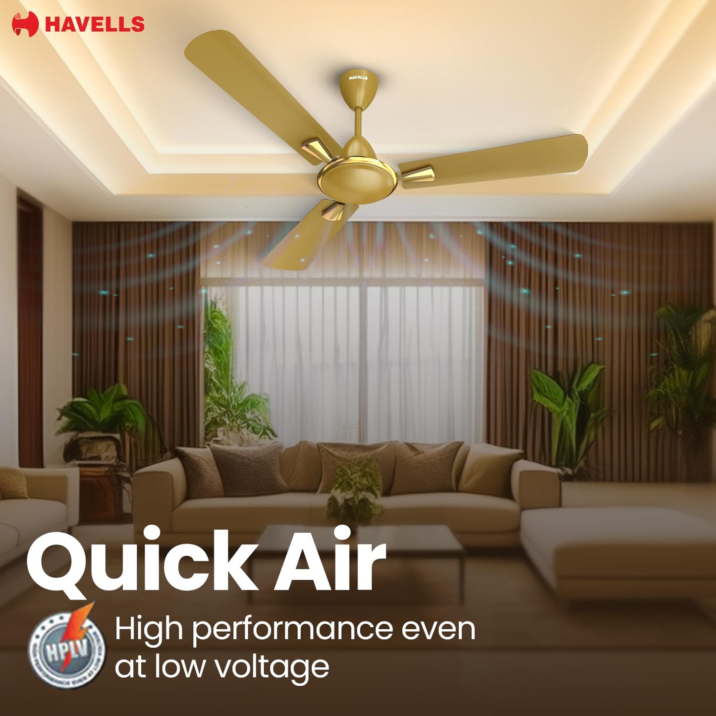Havells Quickair 1200mm Ceiling Fan, High-Speed, Energy Efficient & Silent Operation with Modern Design, Ideal for Bedrooms | 2 Years Manufacturer Warranty | Desert Gold