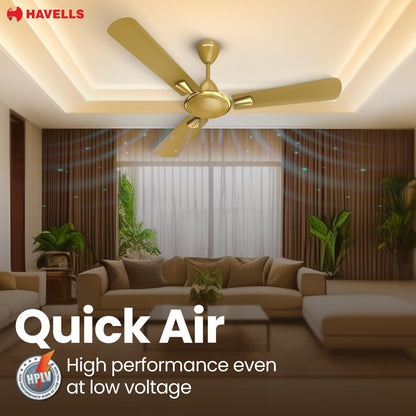 Havells Quickair 1200mm Ceiling Fan, High-Speed, Energy Efficient & Silent Operation with Modern Design, Ideal for Bedrooms | 2 Years Manufacturer Warranty | Desert Gold