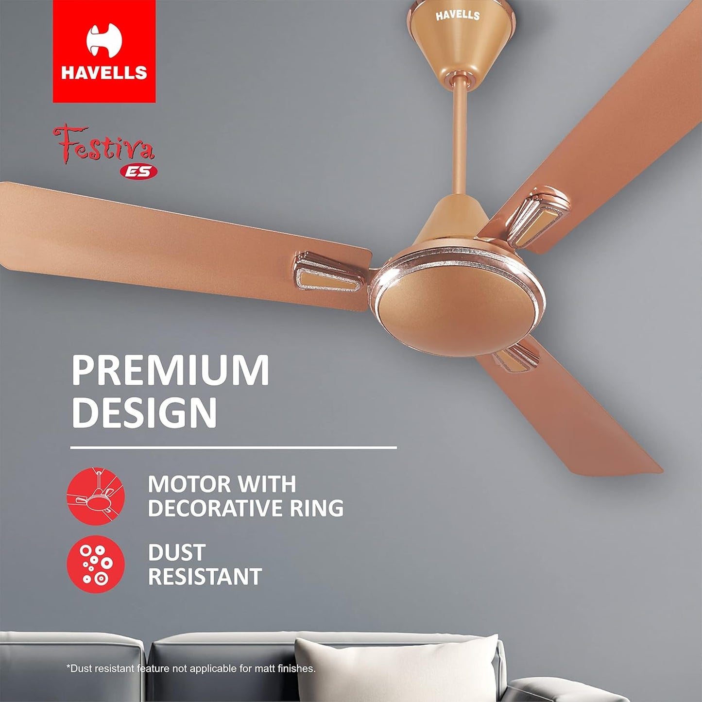 Havells 1200mm Festiva ES Ceiling Fan| Premium Finish|Energy Saving| Designer Fan for Home Decor|Elegant Looks| 230 m³/min Air Delivery| Hi-Speed Low Noise| 100% Copper Motor (Pack of 1, Pearl Copper)