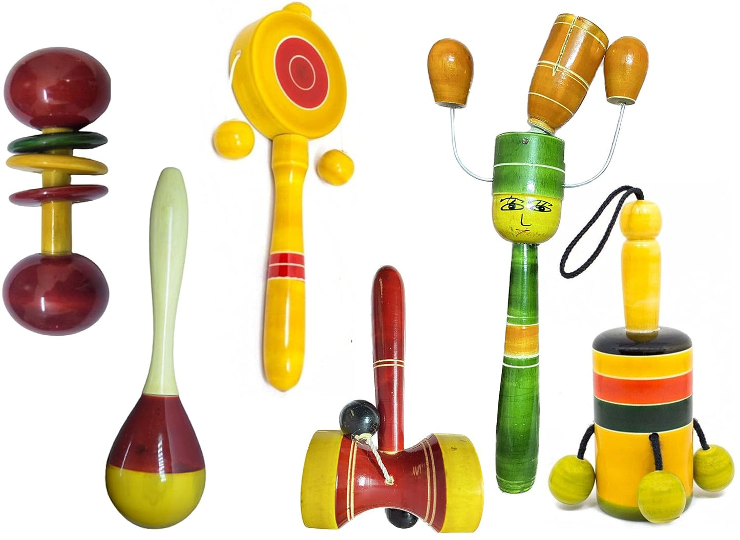 Udaipur HandiCrafts Wooden Baby Rattles Combo Pack Set of 6, Non Toxic Channa Patna Toys - Baby Musical Toys, Teether, Natural Colors, Loud Sound for New Born, Baby, Infants.
