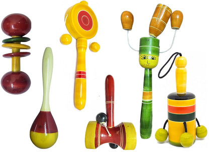 Udaipur HandiCrafts Wooden Baby Rattles Combo Pack Set of 6, Non Toxic Channa Patna Toys - Baby Musical Toys, Teether, Natural Colors, Loud Sound for New Born, Baby, Infants.