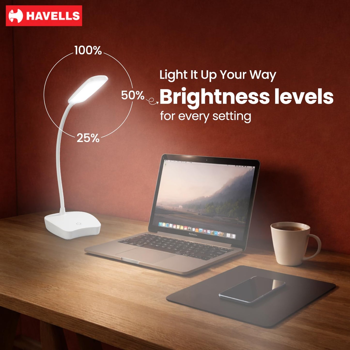 Havells Lucento Table Lamp 4.5W | Integrated Touch Sensor|3 Step Dimmable LED Table lamp|3.7V, 800 mAh Lithium‑Ion Battery | Light Modes: 100%, 50%,25% | Eye Soft Technology for Soft Glare-Free Light