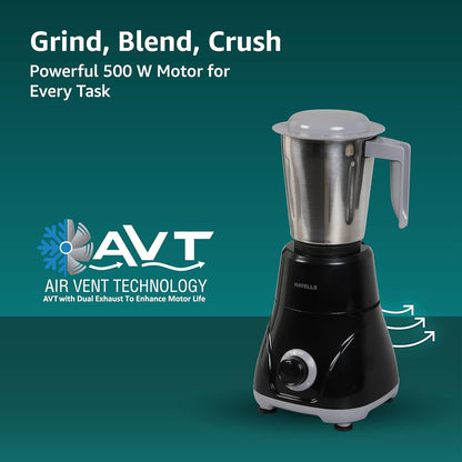 Havells Pulse 500 Watt Mixer Grinder|3 Stainless Steel Leak-Resistant Jars (400ml, 800ml, 1.2L)|3 Speed Control|Heavy-Duty ABS Body|Durable SS Blades|Air Vent Technology |1 Year Product Warranty|Black