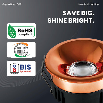 Havells Crysta Deco Cob 7W 4K Rose Gold,Led-Spotlights,Energy Efficient,Long Life of 25000 Burning Hours,Beam Angle of 36°,Metal Body Cob with Independent Driver,Natural Daylight (4000K)