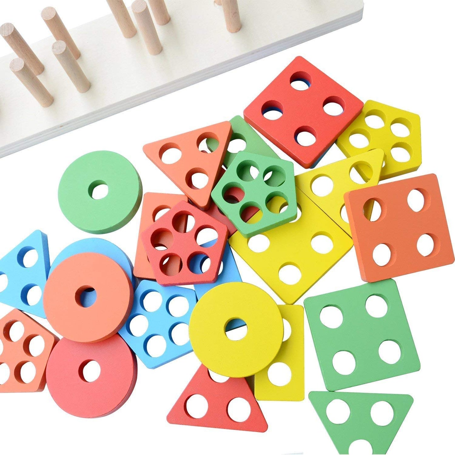 Udaipur HandiCrafts  Kids Wooden Angle Geometric Blocks Stacker Shape Sorter Column Puzzle Stacking Set - 5 Columns