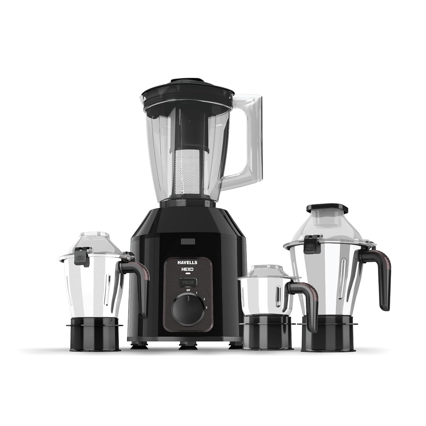 Havells Hexo Plus 1100 Watts 4 Jar Mixer Grinder| High Speed Mixie 22000 RPM motor| 100 Minutes Continuous Run Time| 2 Ltr Break Resistant Blending Jar| 5 Year Motor Manufacturer Warranty (Black)
