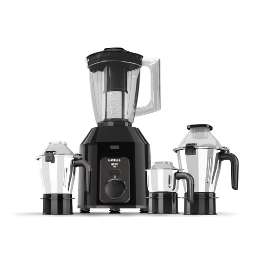 Havells Hexo Plus 1100 Watts 4 Jar Mixer Grinder| High Speed Mixie 22000 RPM motor| 100 Minutes Continuous Run Time| 2 Ltr Break Resistant Blending Jar| 5 Year Motor Manufacturer Warranty (Black)