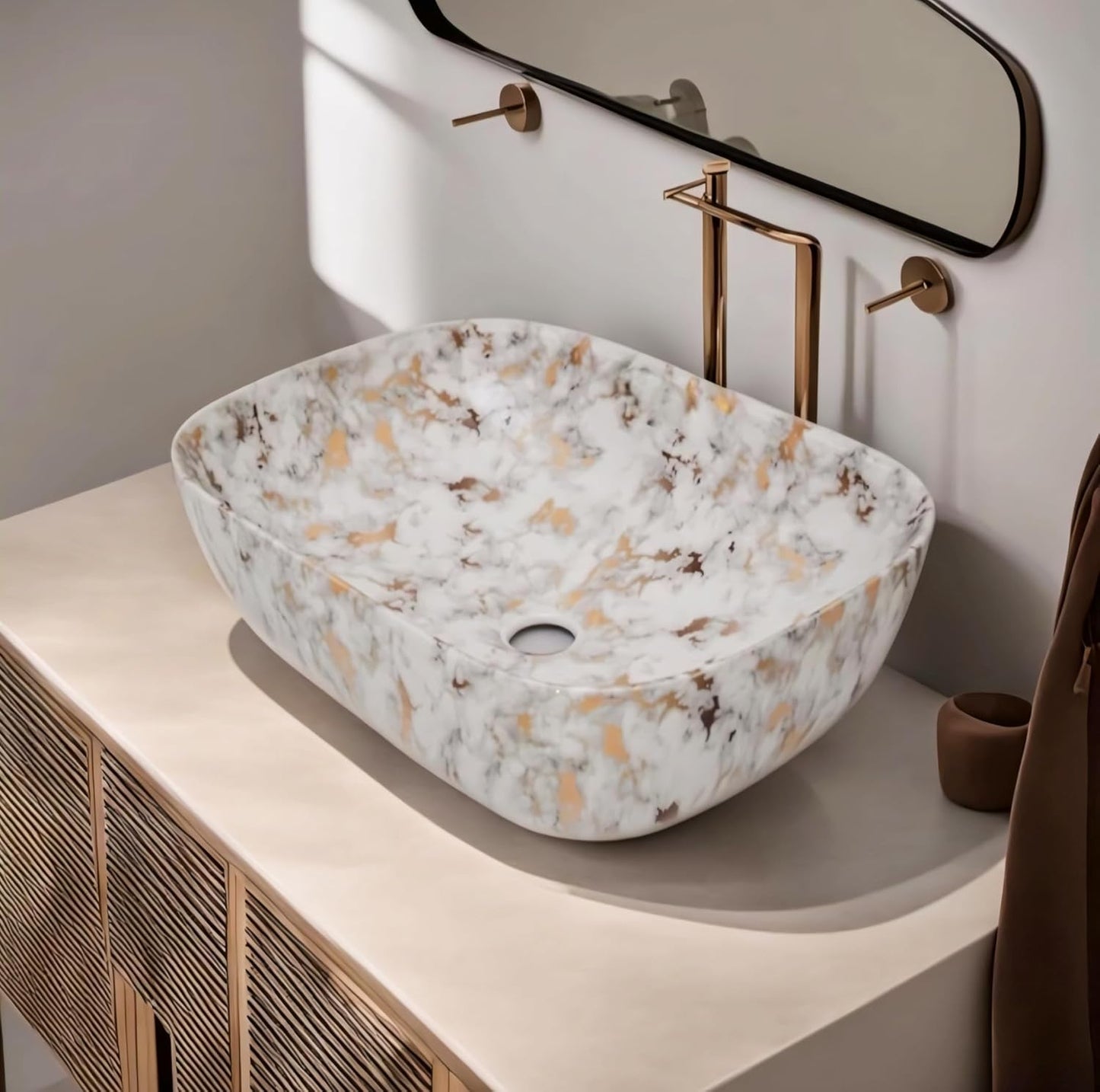 UdrCrafts® Ceramic TABLE TOP WASH BASIN, Luxury Marble Pattern Vessel Sink, Rectangular Bathroom Wash Basin, White and Gold, Premium Wash Basin Countertop, Tabletop Ceramic Bathroom Sink/Basin