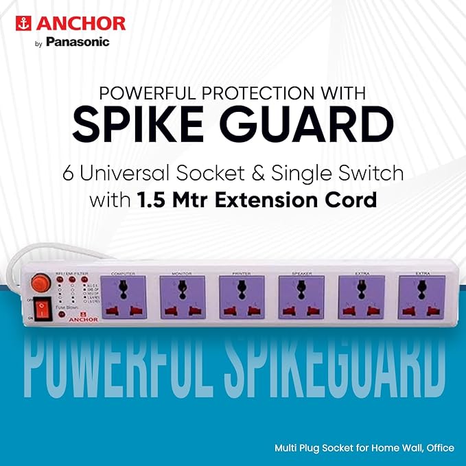 Anchor by Panasonic 6 way Universal Socket with Single Switch | 6 Way Extension Board with 1.5 Mtr Extension Cord | Multi Plug Socket for Home Wall, Office (22579)
